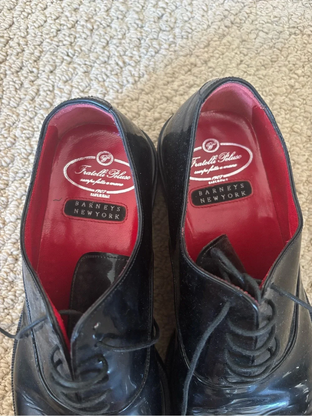 Barneys New York Black Leather Derby Shoes with Red Interior